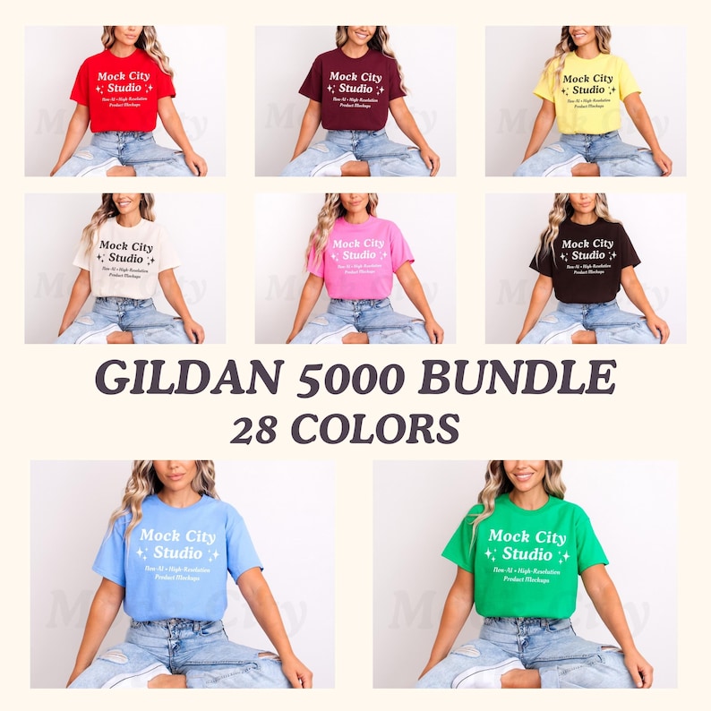 May include: A collection of nine Gildan 5000 t-shirts in various colors, including red, maroon, yellow, cream, pink, brown, light blue, and green. Each shirt features the text "Mock City Studio" and is displayed on a person wearing blue jeans.