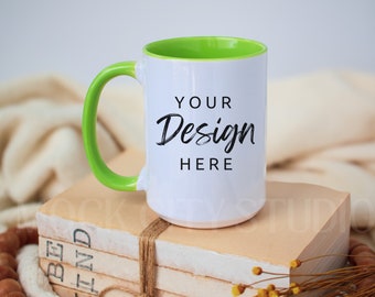Mug Mockup, Green Handle Mug Mockup, Ceramic Mug Mockup, 15 oz Coffee Mug Mock