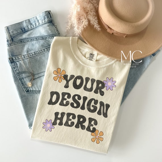 Comfort Colors 1717 Ivory Mockup, Comfort Colors Flat Lay Mock up, CC 1717 Ivory Mock, Boho Flat lay Shirt, Folded Shirt Mockup