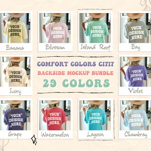 May include: A mockup bundle of 29 different colored t-shirts with the text "YOUR DESIGN HERE" printed on the back. The text "COMFORT COLORS C1717 BACKSIDE MOCKUP BUNDLE 29 COLORS" is printed on a colorful background.