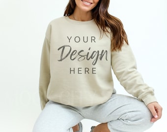 Gildan 18000 Mockup, Sand Gildan 18000 Mockup, Gildan Crewneck Mockup, Model Mockup,