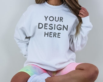 Gildan 18000 White Crewneck Mockup, Model Mockup
