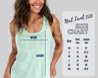 Può includere: Tabella delle taglie per una canotta con misure in pollici. La tabella mostra le misure del busto e della lunghezza per le taglie XS, S, M, L, XL e 2XL.