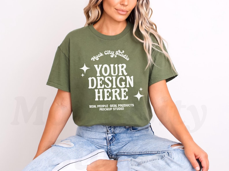 Gildan 64000 Military Green Tshirt Mockup, Model Mockup, Gildan 64000 Soft Style Shirt Mock, Simple Minimalist Mockup image 1