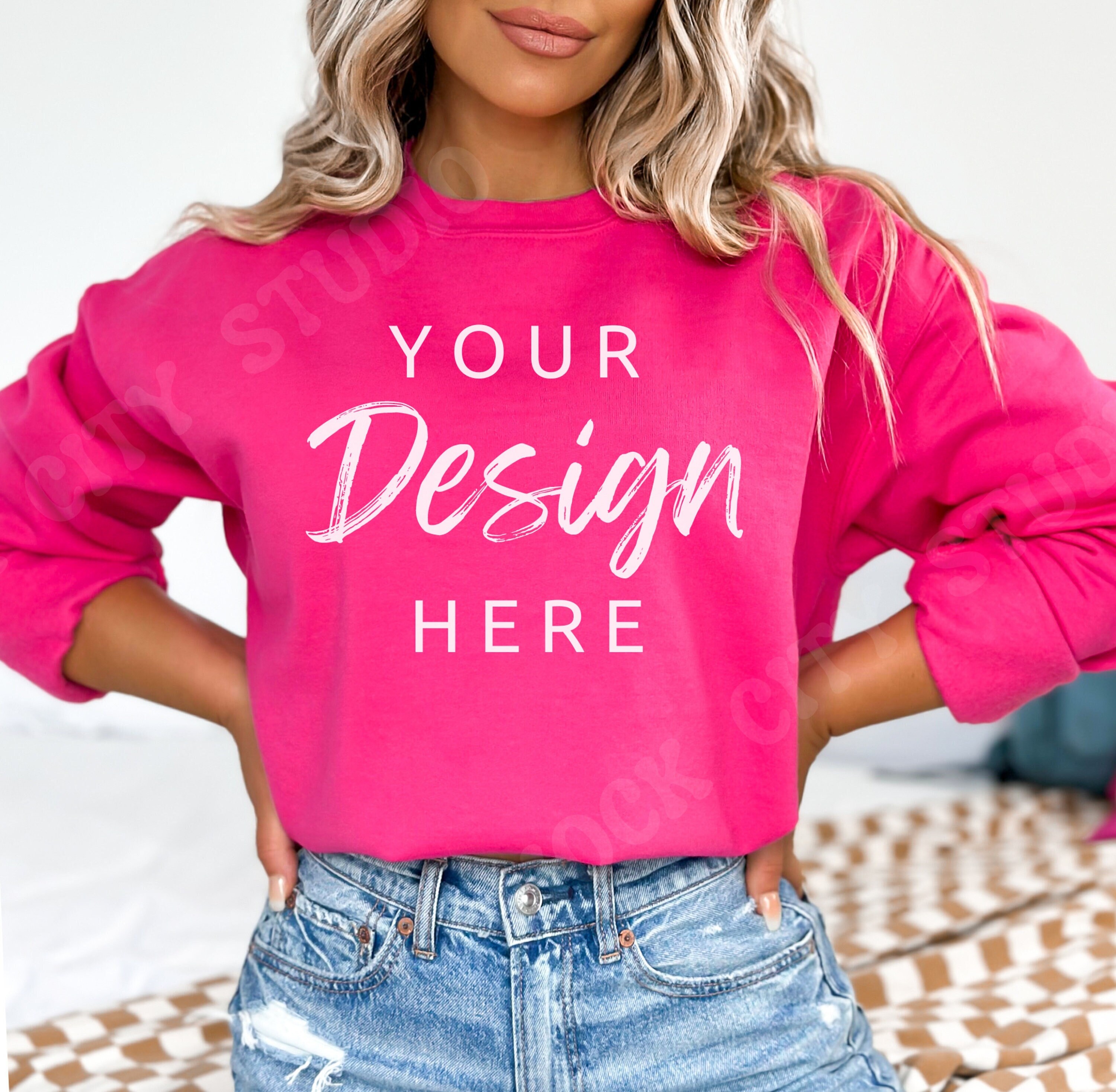 Heliconia Gildan 18000 Mockup Heliconia Pink Sweatshirt Mockup