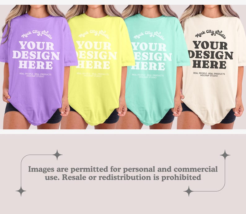 May include: Four oversized t-shirts in different colors: purple, yellow, light blue, and beige. Each shirt has the text "Mock City Studio" and "Your Design Here" printed on the front.