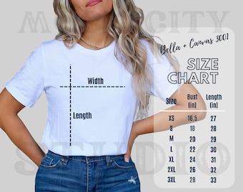 May include: A size chart for Bella + Canvas 3001 t-shirts, showing bust and length measurements in inches for sizes XS to 3XL.