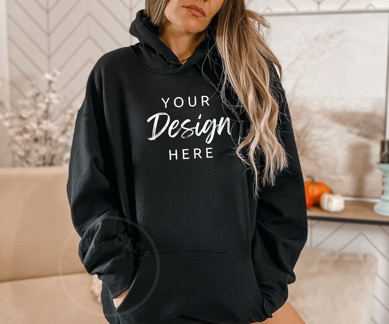 Gildan 18500 Black Hoodie Mockup, Oversized Sweatshirt Template (PNG) image 1
