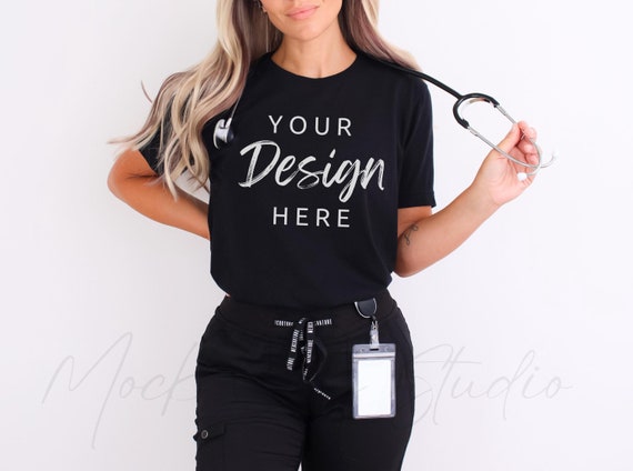 Black Bella Canvas Nurse Mockup, Nurse Tshirt Mockup, White TShirt Mock, Doctor Tshirt Mockup, Medical Field, CNA, Hospital Scrubs Mockup