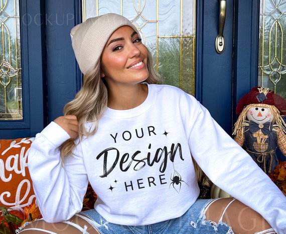 Gildan 18000 Sweatshirt Mockup - White Sweatshirt Mockup - Heavy Blend Sweatshirt - Model Mockup - Fall Mockup - Halloween Mockup - Autumn
