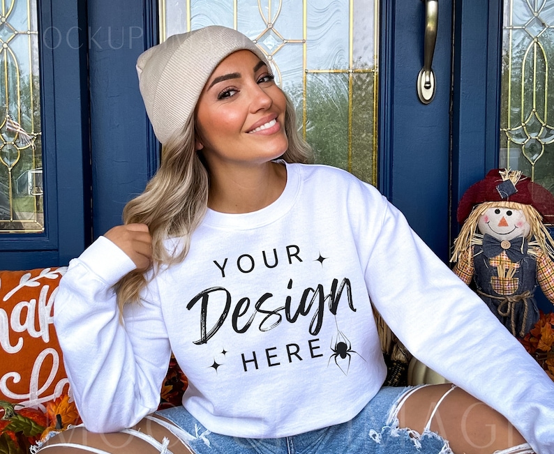 Gildan 18000 Sweatshirt Mockup - White Sweatshirt Mockup - Heavy Blend Sweatshirt - Model Mockup - Fall Mockup - Halloween Mockup - Autumn image 1