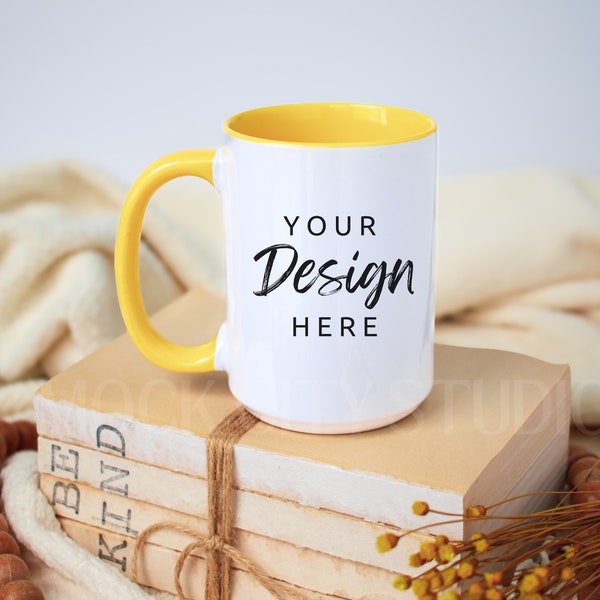 Mug Mockup, Yellow Handle Mug Mockup, Ceramic Mug Mockup, 15 oz Coffee Mug Mock