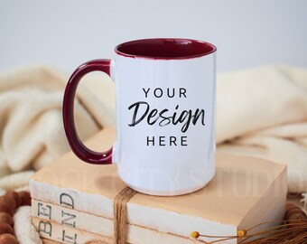 Mug Mockup, Dark Red Handle Mug Mockup, Ceramic Mug Mockup, 15 oz Coffee Mug Mock