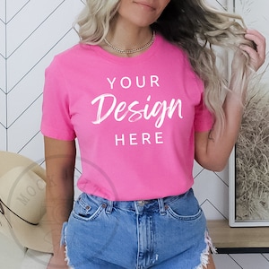 Charity Pink Bella Canvas 3001, Tshirt Mockup, Bright Pink Shirt Mock, Summer Mockup, Model Mock up, Pink T-Shirt Mockup, Minimalist mockup