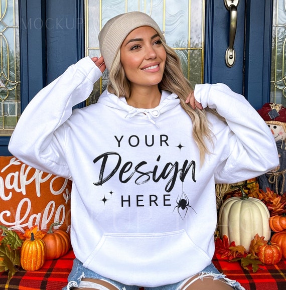 Gildan 18500 Hooded Sweatshirt Mockup - White Hoodie Mockup - Heavy Blend - Model Mockup - Fall Mockup - Halloween Mockup - Autumn