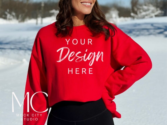 Gildan 18000 Mockup, Red Sweatshirt Mockup, Sweatshirt Model Mockup, Red 18000 Outdoor Mockup, Winter Mockup, Christmas Mockup