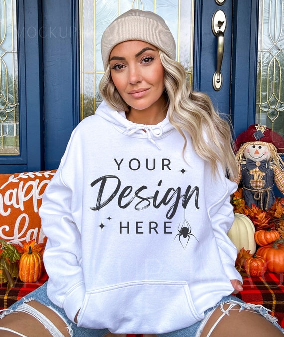 Gildan 18500 Hooded Sweatshirt Mockup - White Hoodie Mockup - Heavy Blend - Model Mockup - Fall Mockup - Halloween Mockup - Autumn