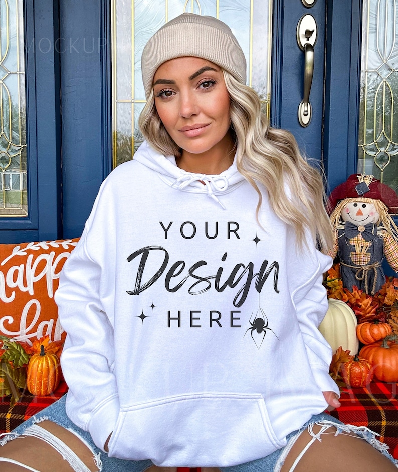 Gildan 18500 Hooded Sweatshirt Mockup - White Hoodie Mockup - Heavy Blend - Model Mockup - Fall Mockup - Halloween Mockup - Autumn image 1