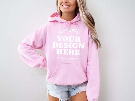Gildan 18500 Light Pink Hooded Sweatshirt Mockup, Gildan Hoodie Mockup Light Pink Hooded Sweatshirt Model Mockup