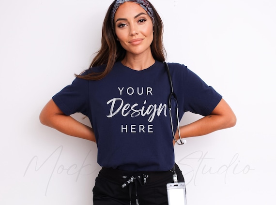 Navy Bella Canvas Nurse Mockup, Nurse Tshirt Mockup, White TShirt Mock, Doctor Tshirt Mockup, Medical Field, CNA, Hospital Scrubs Mockup