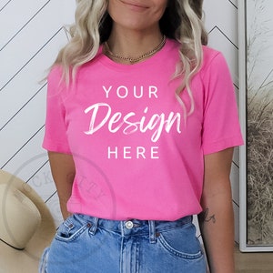 Charity Pink Bella Canvas 3001, Tshirt Mockup, Bright Pink Shirt Mock, Summer Mockup, Model Mock up, Pink T-Shirt Mockup, Minimalist mockup
