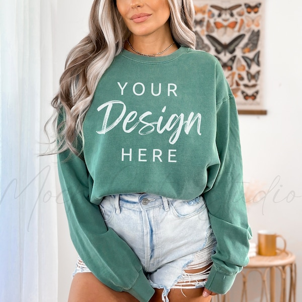 Comfort Colors 1566 Light Green Mockup, Comfort Colors Sweatshirt Mockup, Light Green Crewneck, Oversized Mockup