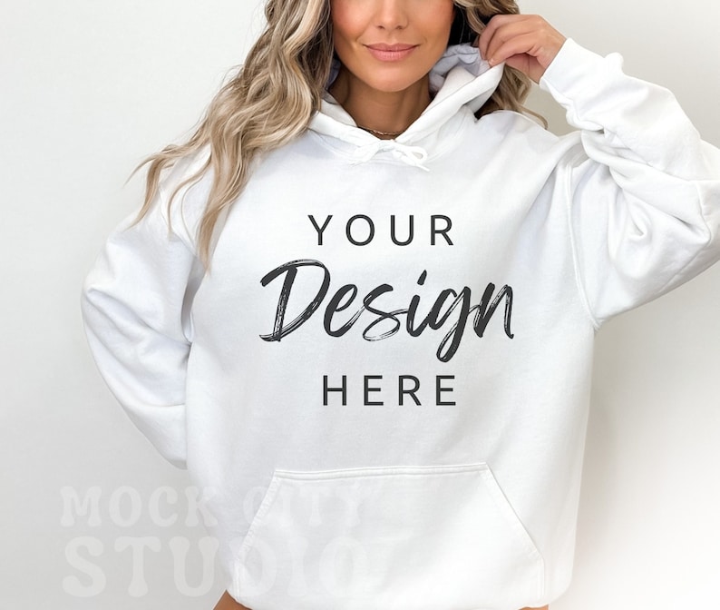 Gildan 18500 White Hoodie Mockup, Gildan Hoodie Mock up, White Hoodie Mockup, Oversized Hooded Sweatshirt mockup, Styled Mockup image 1