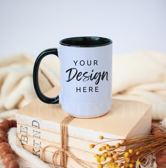 Mug Mockup, Black Handle Mug Mockup, Ceramic Mug Mockup, 15 oz Coffee Mug Mock