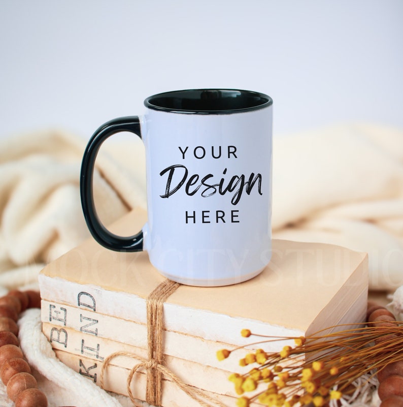 Mug Mockup, Black Handle Mug Mockup, Ceramic Mug Mockup, 15 oz Coffee Mug Mock image 1