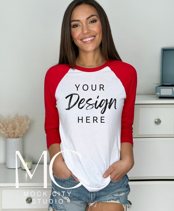 Bella Canvas 3200 Mockup, White/red Raglan Shirt Mockup, Red Bella