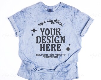Comfort Colors 1745 Ocean Color Blast Flat Lay Mockup, Front View Minimalist Mockup, CC1745 Ocean Blue Mockup