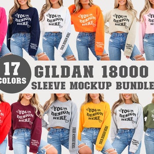 May include: A mockup bundle of 17 different coloured Gildan 18000 long-sleeved shirts. The shirts are cropped and feature a mock-up design that says "Your Design Here".