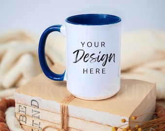 Mug Mockup, Blue Handle Mug Mockup, Ceramic Mug Mockup, 15 oz Coffee Mug Mock