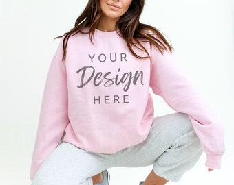 Gildan 18000 Mockup, Light Pink Gildan 18000 Mockup, Gildan Crewneck Mockup, Model Mockup