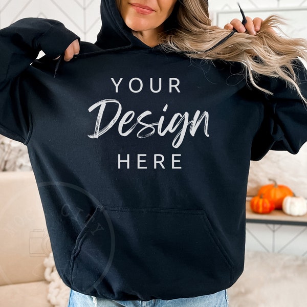 Gildan 18500 Black Hoodie Mockup, Oversized Fall Sweatshirt Template (PNG)