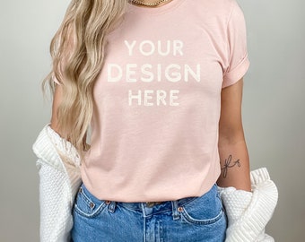 Bella Canvas 3001 mock-up | Mockup T-shirt gemêleerd perzik (PNG)