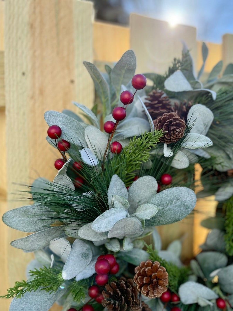 Christmas Lambs Ear Wreath With Pine Cones, Red Berries , Farmhouse