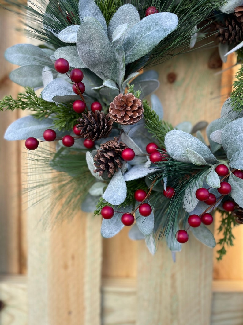 Christmas Lambs Ear Wreath With Pine Cones, Red Berries , Farmhouse