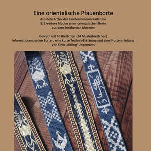 May include: Four woven textile ribbons with detailed patterns in blue, white, and gold. The ribbons display geometric shapes and stylized figures. The image includes German text. The ribbons are likely for decorative purposes.