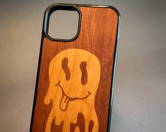 Trippy Drippy Smiley - Engraved Wood Phone Case