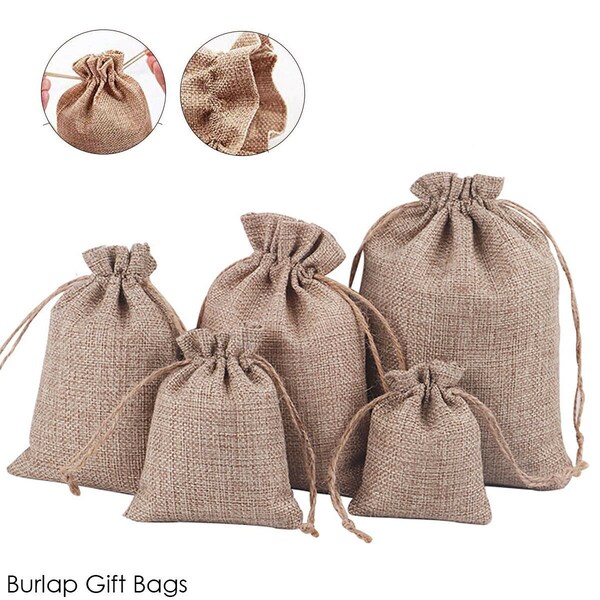 thumbnail interactive-video image 1 of Natural Jute Drawstring Burlap Pouches – Eco-Friendly Favor Bags For Wedding, Parties – 25/50/100 Pack 1 of 2