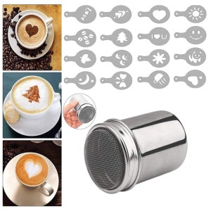 Stainless Steel Chocolate Shaker Duster + 16 Cappuccino Coffee Barista  Stencils Coffee + Measuring Spoon + Art Stencils Pen