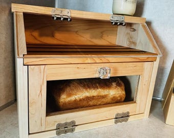 Hard Maple Bread Box w/ Engraved Cutting Board Shelf
