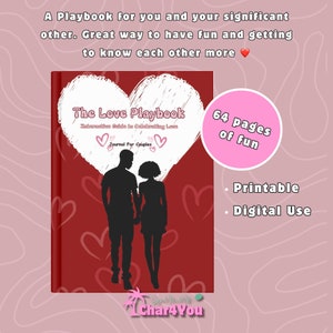 May include: A red book cover with a heart design and the title "The Love Playbook: Interactive Guide to Celebrating Love". The book features a silhouette of a couple holding hands. The text "64 pages of fun" is in a pink circle. The text "Printable • Digital Use" is below the circle. The book is for couples.