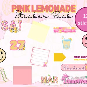 May include: Pink Lemonade sticker pack with 125 stickers. The stickers feature a variety of designs, including lemons, flowers, and text. The text includes "SAT 27 MAR", "Weekend", and "Make everyday refreshing".