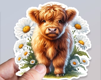 Fluffy Highland Cow Sticker: with Daisies Waterproof Vinyl