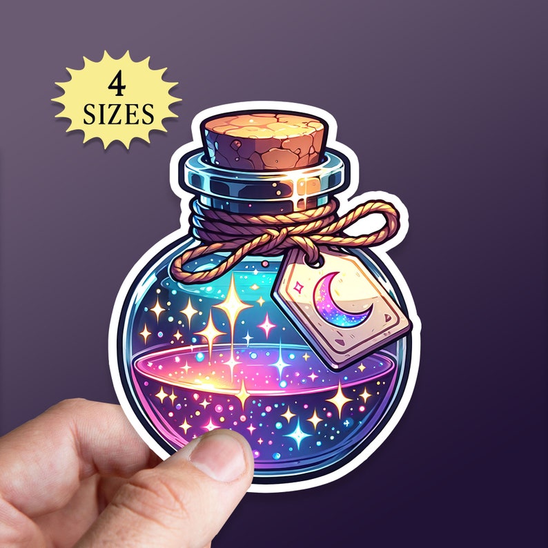 May include: A glass bottle with a cork stopper filled with a swirling galaxy-like liquid. The bottle has a brown rope tied around the neck and a tag with a crescent moon on it.