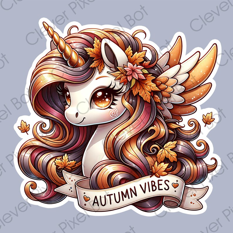 K&ouml;nnte beinhalten: Ein skurriler Aufkleber mit einem wei&szlig;en Einhorn mit goldenem Horn und Fl&uuml;geln. Seine flie&szlig;ende M&auml;hne ist eine Mischung aus Gold, Rosa und Lila, verziert mit Herbstbl&auml;ttern und Blumen. Ein Banner darunter lautet "AUTUMN VIBES".