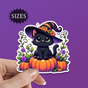Cute Halloween Black Cat Sticker, Witch Cat Sticker, Familiar, A sticker for your Water Bottle, Laptop, Tablet, Phone. Halloween Waterproof