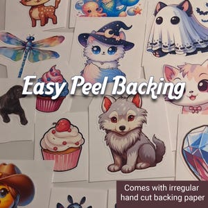 May include: A collection of colorful stickers featuring various cute cartoon characters, including a wolf, a cat, a ghost, a cupcake, and a dragonfly. The stickers have an easy peel backing and come with irregular hand cut backing paper. The text "Easy Peel Backing" is written in bold white letters on a black background.
